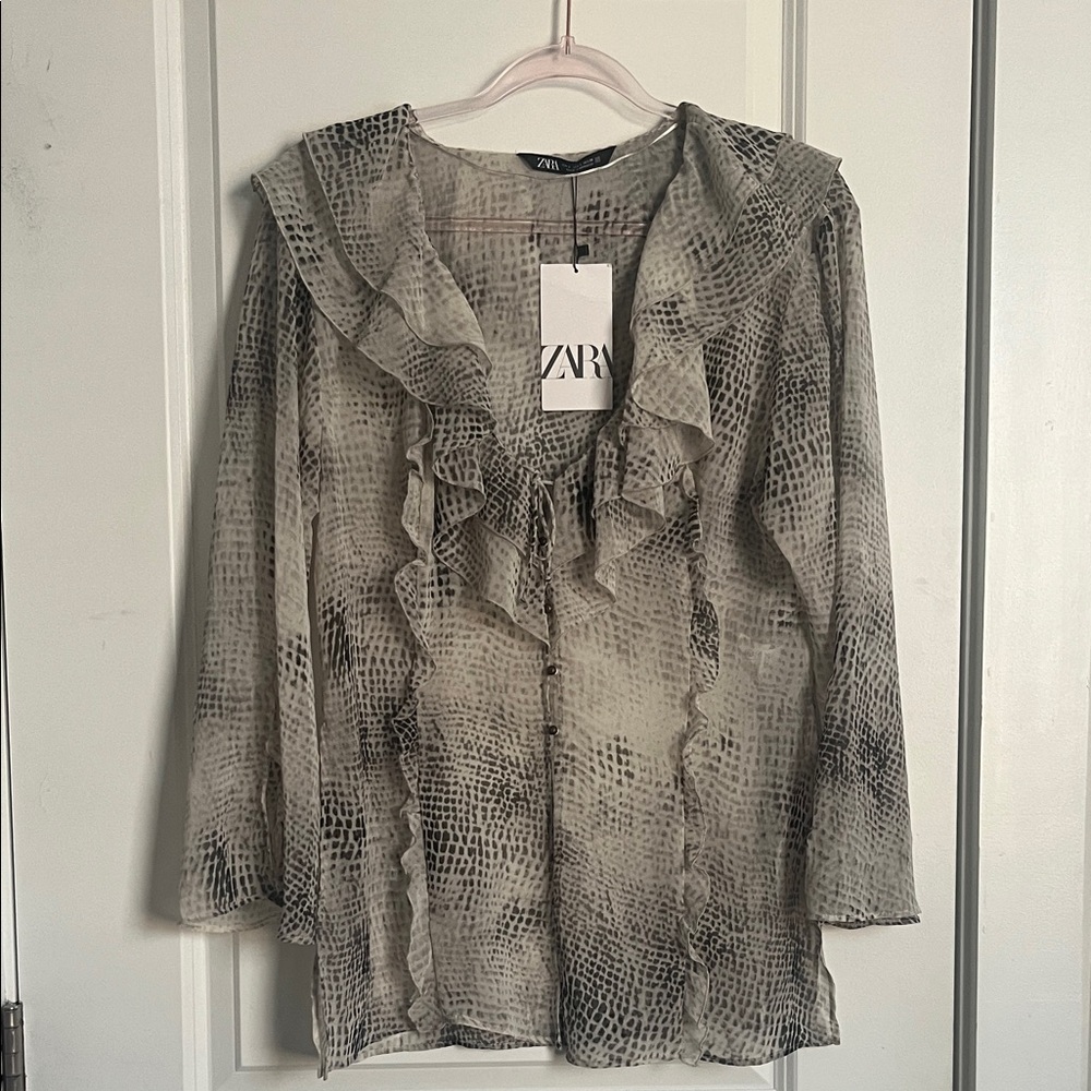 Zara Textured Gray Ruffle Blouse